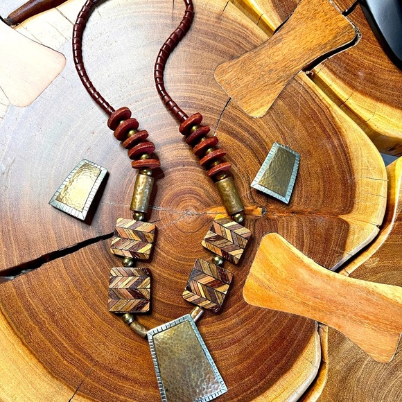 Tribal vintage beaded and metal necklace and earring set.